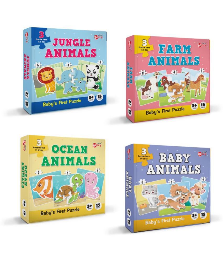     			Little Berry Baby’s First Jigsaw Puzzle Set of 4 for Kids:Jungle, Farm, Baby & Ocean Animals - 15 Puzzle Pieces Each