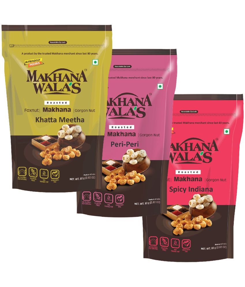     			Makhanawala's Roasted & Flavoured Makhana (Foxnuts) | Gorgon nut | Gluten Free Vegan Snacks |Combo of Khatta Meetha+Peri Peri+Spicy Indiana Flavored makhana, Pack of 3, 70 g Each.