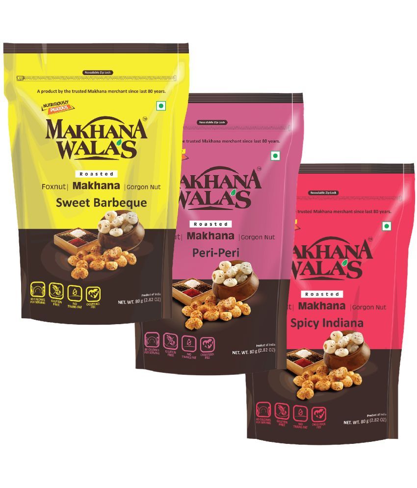     			Makhanawala's Roasted & Flavoured Makhana (Foxnuts) | Gorgon nut | Gluten Free Vegan Snacks |Combo of Sweet Barbeque+Peri Peri+Spicy Indiana Flavored makhana, Pack of 3, 70 g Each.