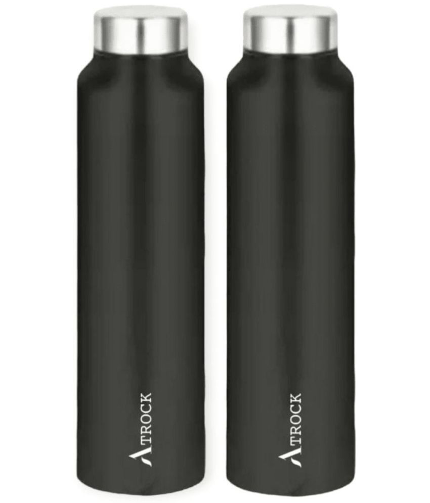     			ATROCK - Water Bottle 1litre Stainless Steel Fridge Bottle Black Water Bottle 1000 mL ( Set of 2 )