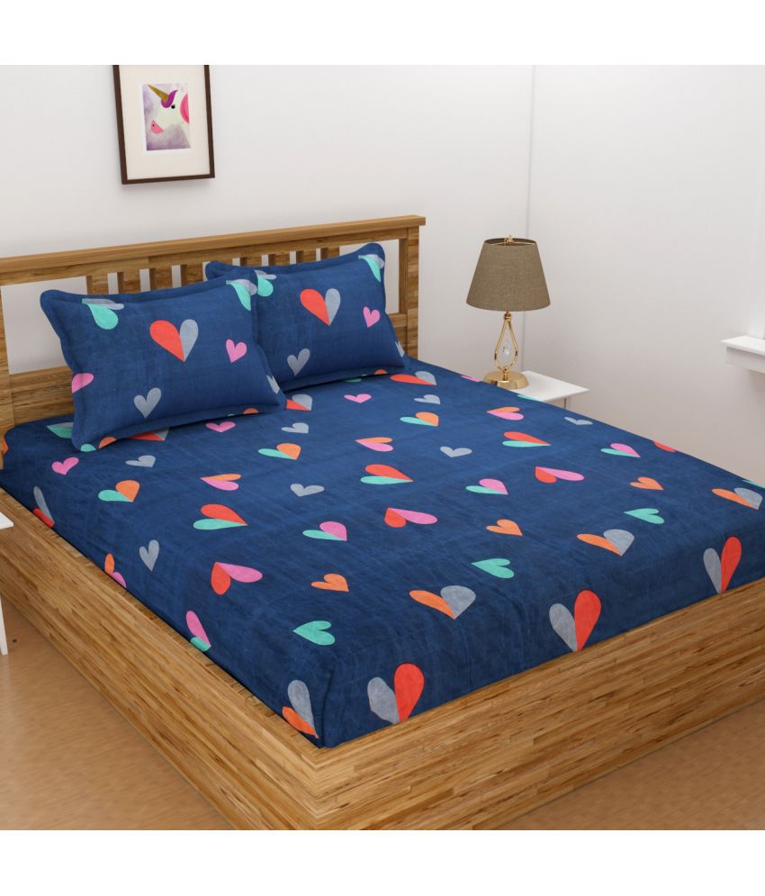    			Homefab India Microfiber Floral Double Bedsheet with 2 Pillow Covers - Navy