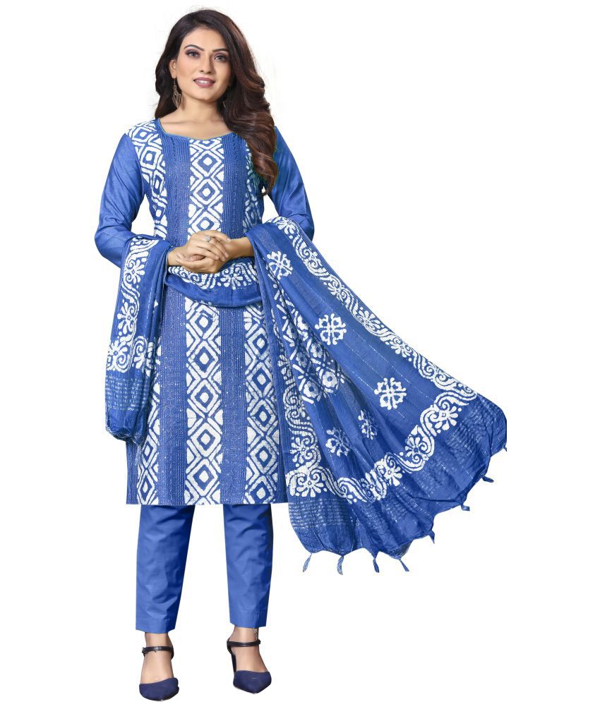     			Royal Palm - Unstitched Blue Cotton Blend Dress Material ( Pack of 1 )