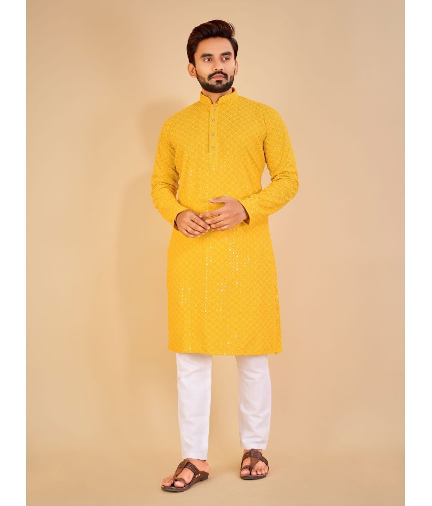     			YUG ART - Yellow Cotton Regular Fit Men's Kurta Pyjama Set ( Pack of 1 )