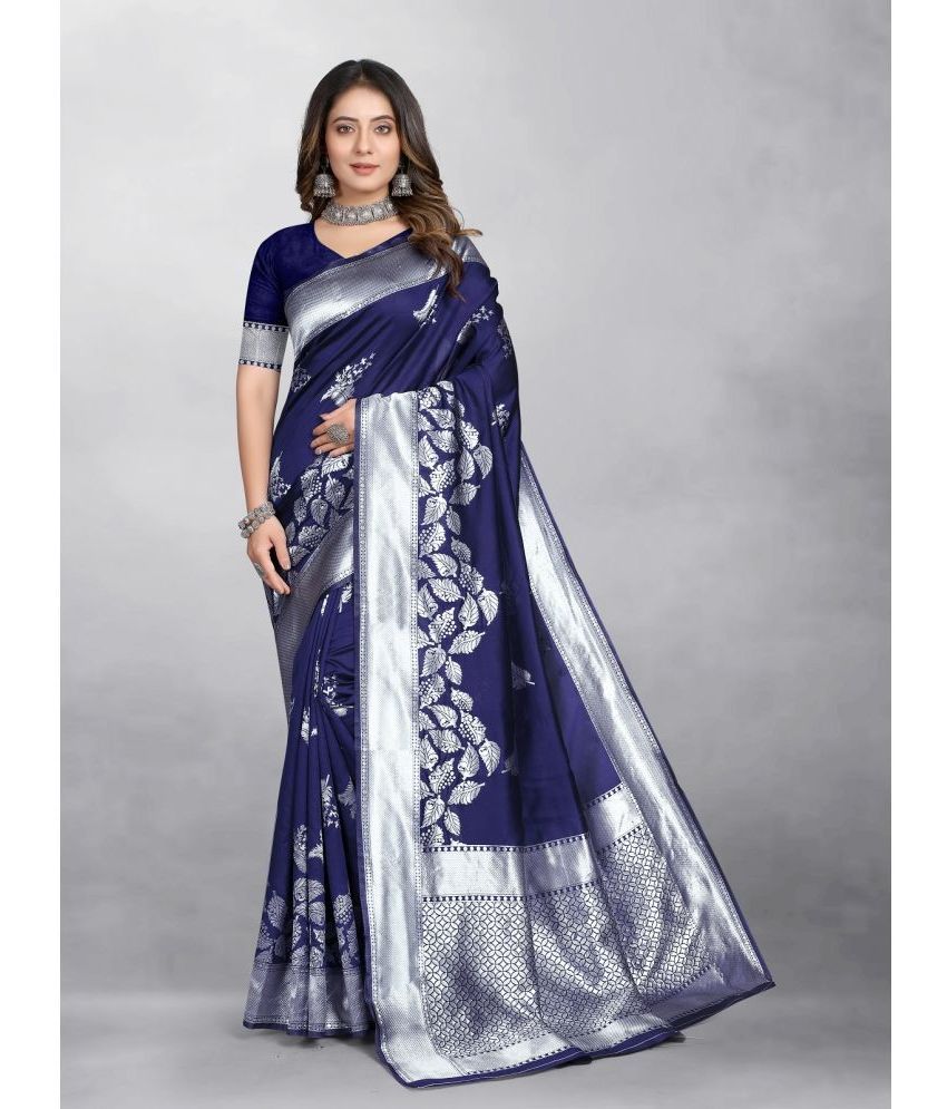     			Gazal Fashions - Navy Blue Banarasi Silk Saree With Blouse Piece ( Pack of 1 )