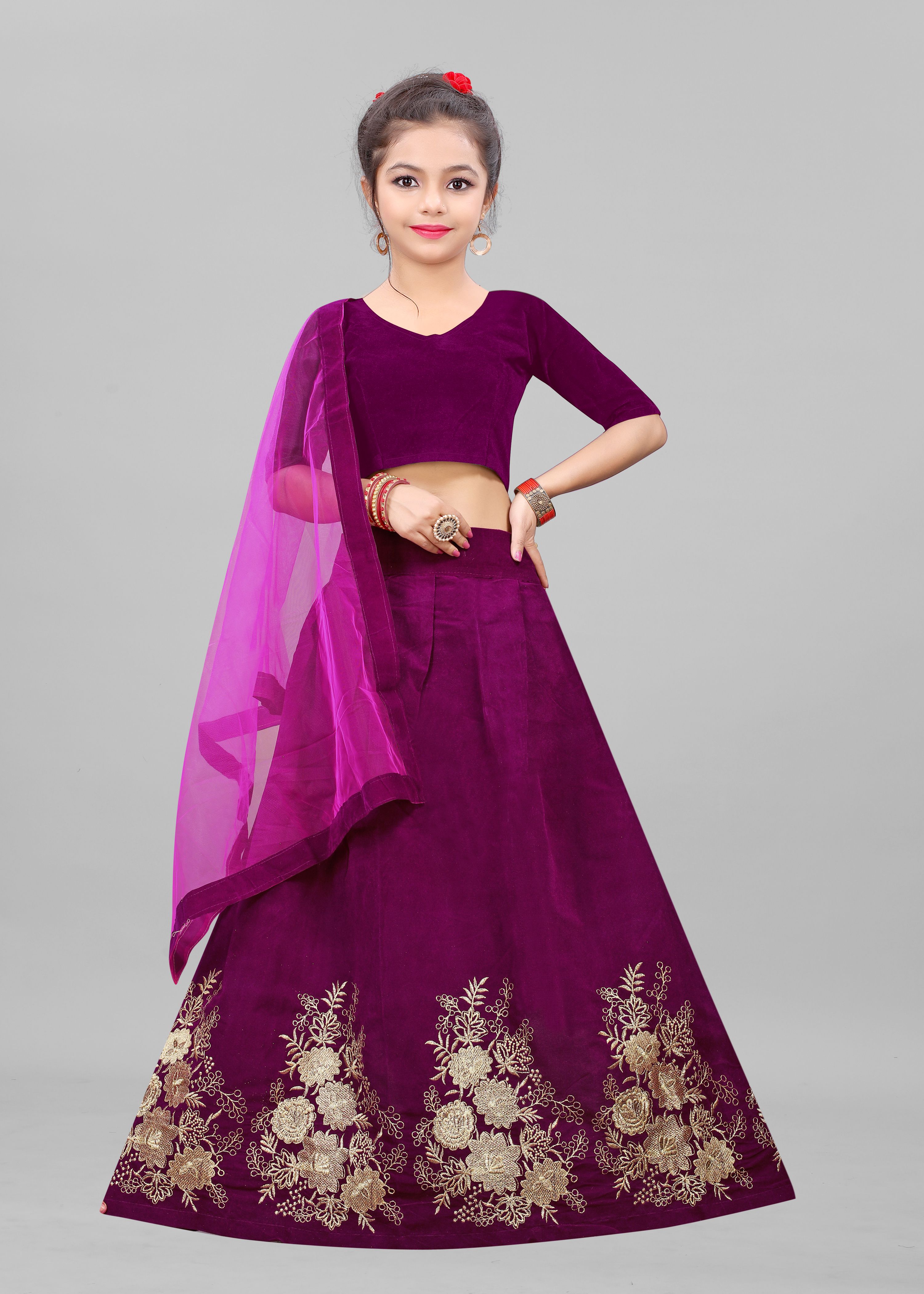     			JULEE - Purple Velvet Girls Lehenga Choli Set ( Pack of 1 )