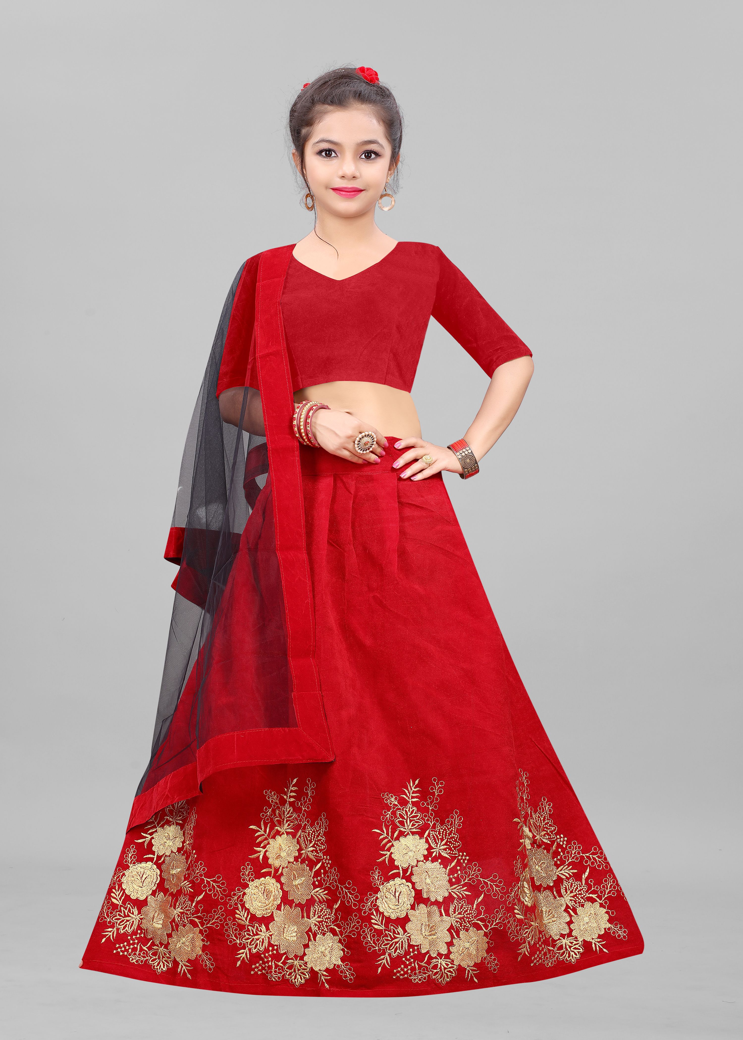     			JULEE - Red Velvet Girls Lehenga Choli Set ( Pack of 1 )