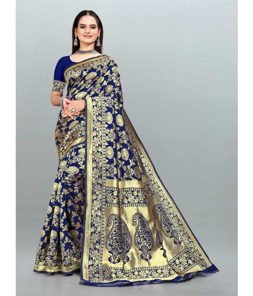     			Om Shantam Sarees - Navy Blue Banarasi Silk Saree With Blouse Piece ( Pack of 1 )