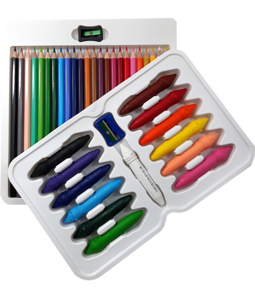     			DOMS Majestic Basket 24 Shade of Colour Pencils Alongwith 12 Plastic Crayons - [Easy to Erase & Sharpen] Hexagonal Shaped Color Pencils (Set of 2, Multicolor)