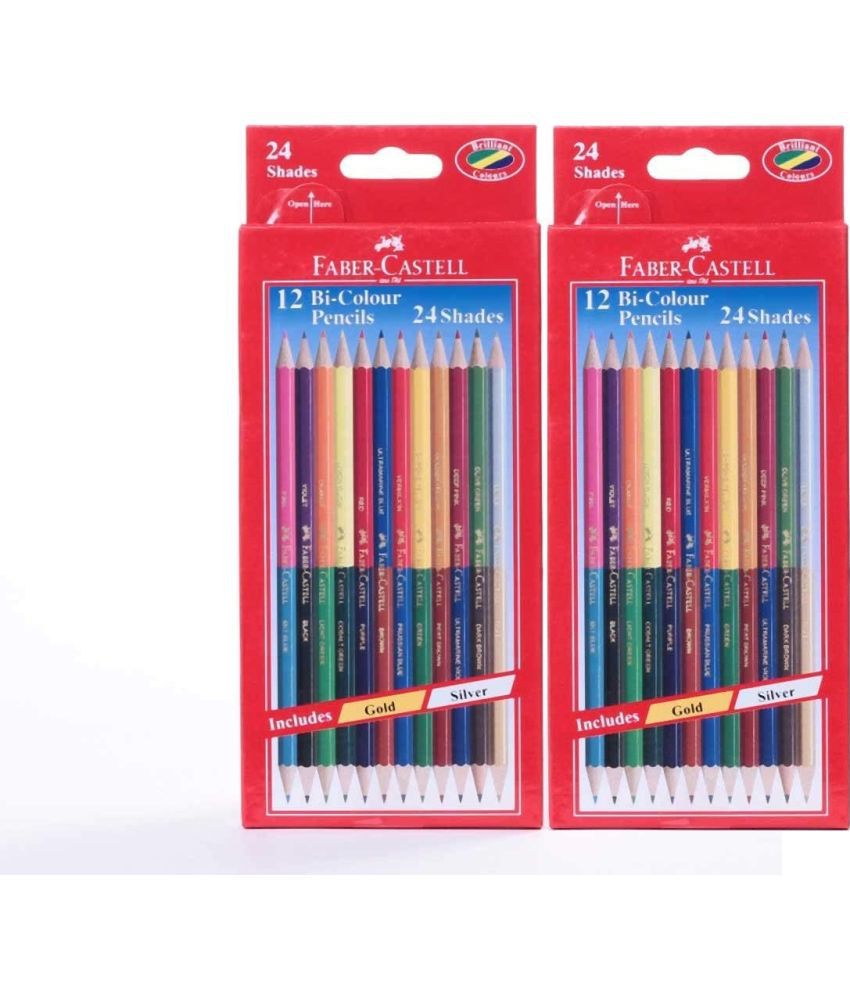     			FABER-CASTELL Bi-color Pencils Pack of 2 - 24 Shades 2 Colors In 1 Includes Gold & Silver Superior Break Resistance Hexagonal Shape Shaped Color Pencils (Set of 2, Multicolor)