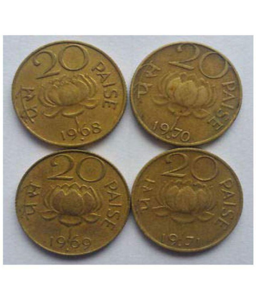     			20 Paise Full Set - 4 Coins - 1968,1969,1970,1971 - Nickel Brass Coin - Mixed Mints - Fine Condition - Coins