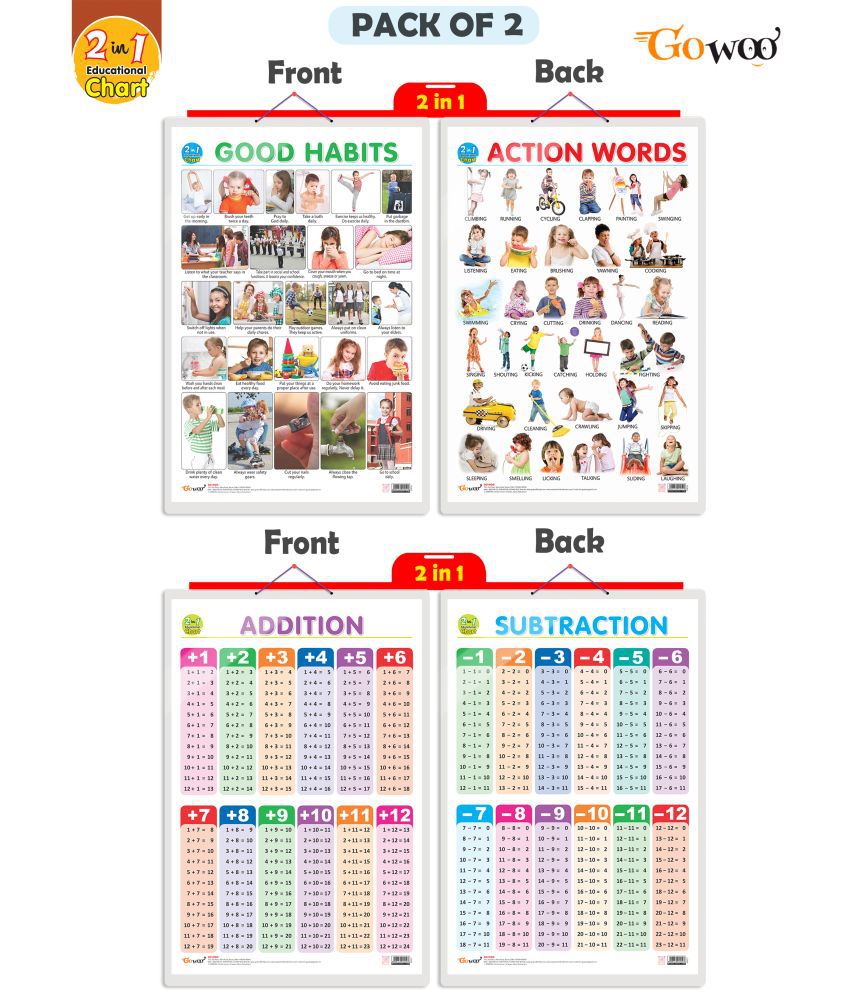     			Set of 2 |2 IN 1 GOOD HABITS AND ACTION WORDS AND 2 IN 1 ADDITION AND SUBTRACTION Early Learning Educational Charts for Kids|  20"X30" inch |Non-Tearable and Waterproof| Double Sided Laminated | Perfect for Homeschooling, Kindergarten and Nursery Students