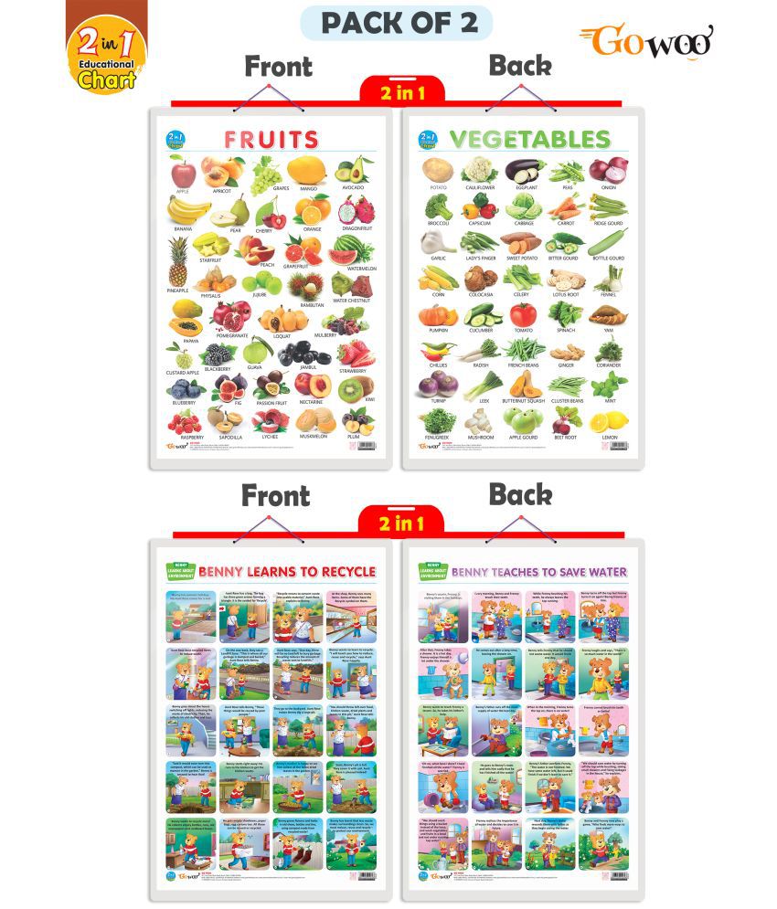     			Set of 2 |2 IN 1 FRUITS AND VEGETABLES and 2 IN 1 BENNY LEARNS TO RECYCLE AND BENNY TEACHES TO SAVE WATER Early Learning Educational Charts for Kids