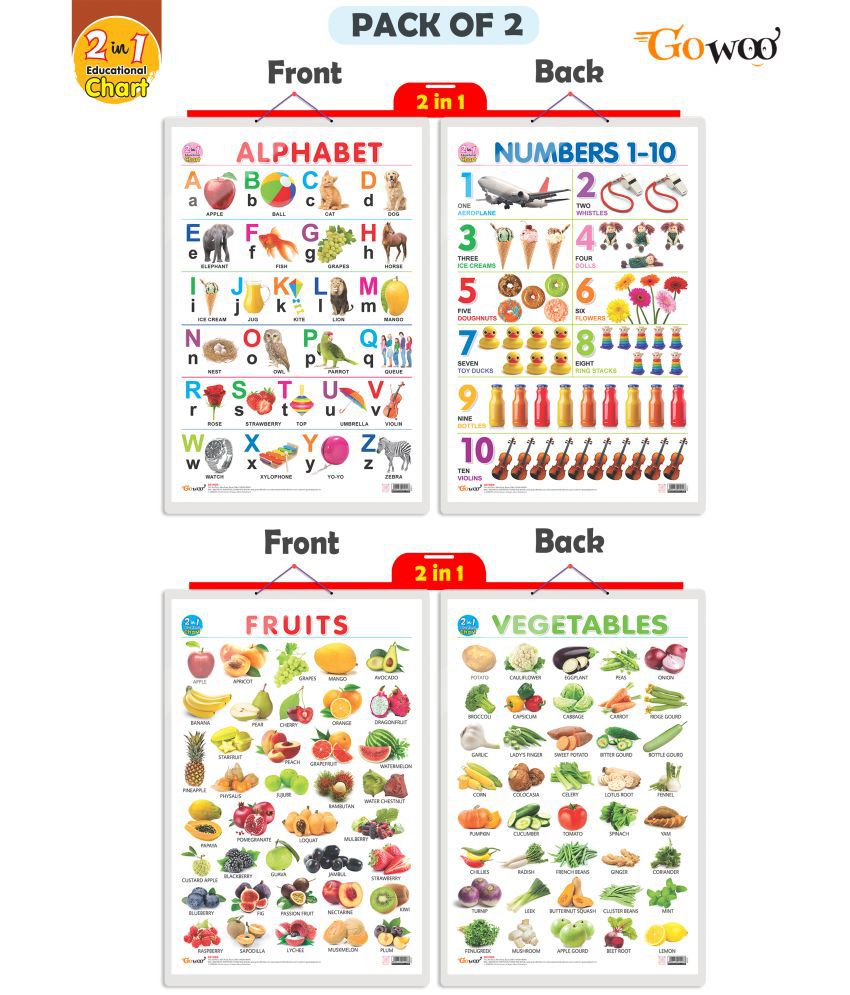     			Set of 2 | 2 IN 1 ALPHABET AND NUMBER 1-10 and 2 IN 1 FRUITS AND VEGETABLES Early Learning Educational Charts for Kids | 20"X30" inch |Non-Tearable and Waterproof | Double Sided Laminated | Perfect for Homeschooling, Kindergarten and Nursery Students
