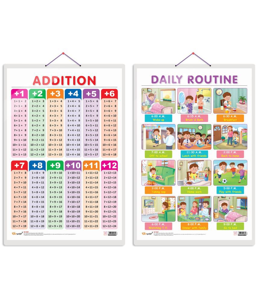     			Set of 2 ADDITION and DAILY ROUTINE Early Learning Educational Charts for Kids | 20"X30" inch |Non-Tearable and Waterproof | Double Sided Laminated | Perfect for Homeschooling, Kindergarten and Nursery Students