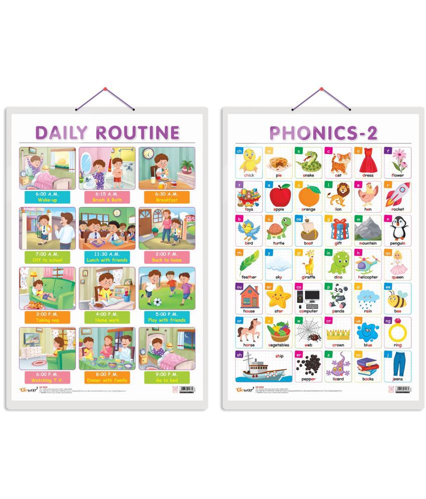     			Set of 2 DAILY ROUTINE and PHONICS - 2 Early Learning Educational Charts for Kids | 20"X30" inch |Non-Tearable and Waterproof | Double Sided Laminated | Perfect for Homeschooling, Kindergarten and Nursery Students