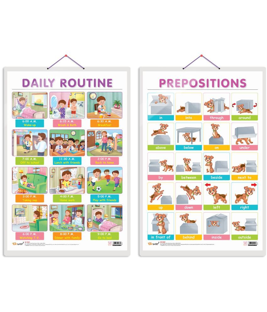     			Set of 2 DAILY ROUTINE and PREPOSITIONS Early Learning Educational Charts for Kids | 20"X30" inch |Non-Tearable and Waterproof | Double Sided Laminated | Perfect for Homeschooling, Kindergarten and Nursery Students