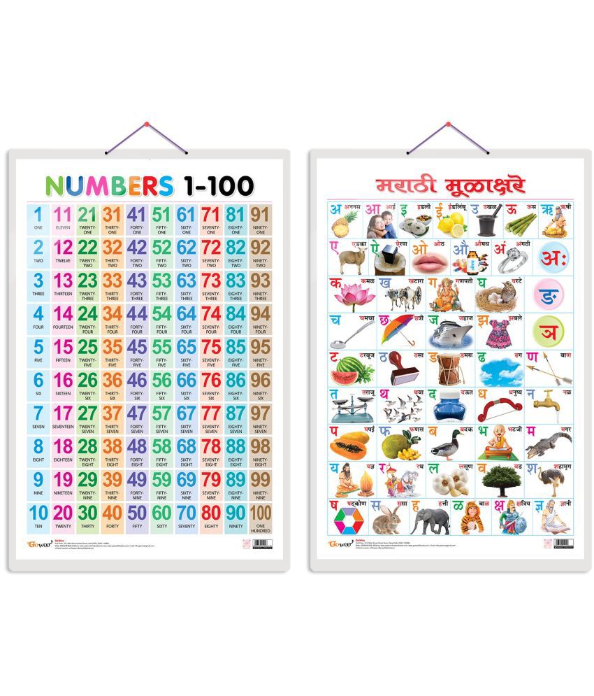     			Set of 2 Numbers 1-100 and Marathi Varnamala (Marathi) Early Learning Educational Charts for Kids | 20"X30" inch |Non-Tearable and Waterproof | Double Sided Laminated | Perfect for Homeschooling, Kindergarten and Nursery Students