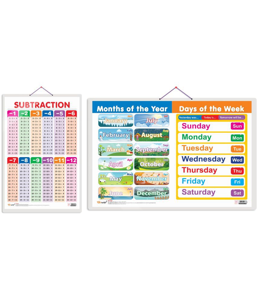     			Set of 2 SUBTRACTION and MONTHS OF THE YEAR AND DAYS OF THE WEEK Early Learning Educational Charts for Kids | 20"X30" inch |Non-Tearable and Waterproof | Double Sided Laminated | Perfect for Homeschooling, Kindergarten and Nursery Students