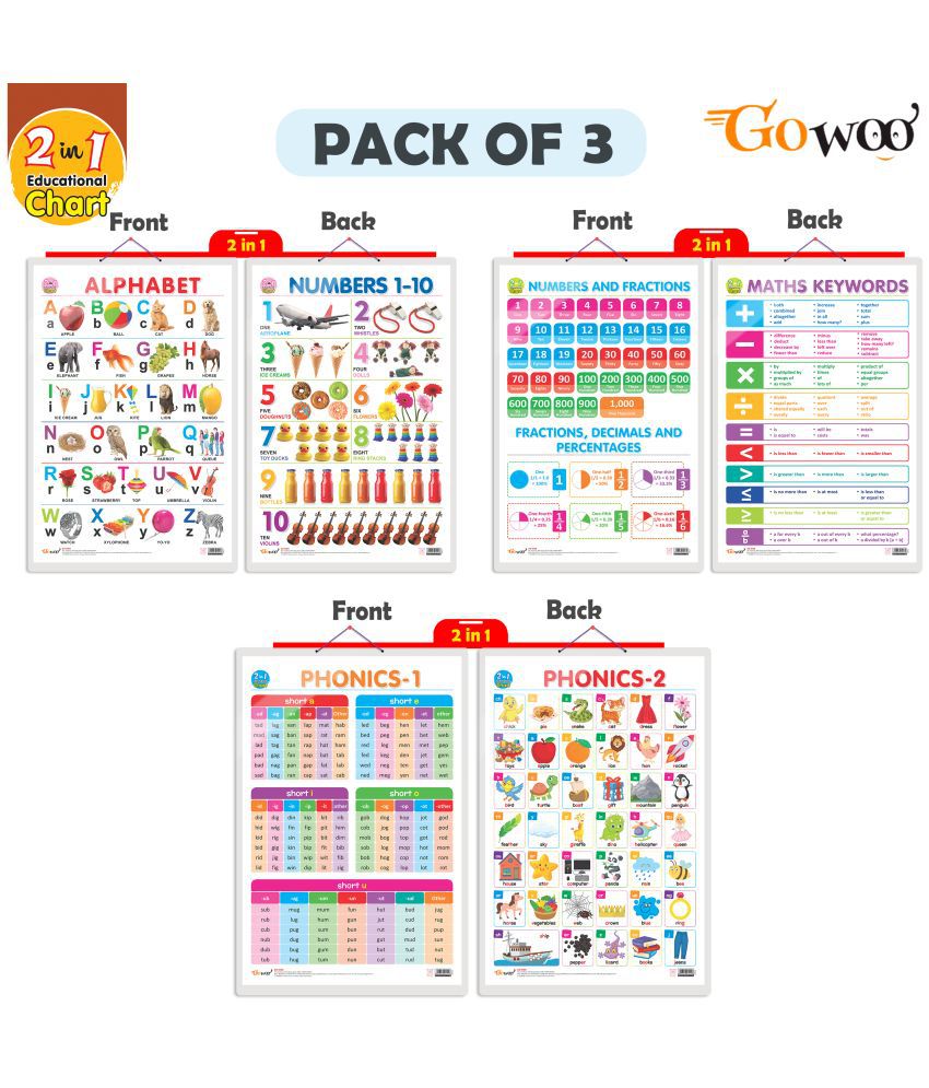     			Set of 3 | 2 IN 1 ALPHABET AND NUMBER 1-10, 2 IN 1 NUMBER & FRACTIONS AND MATHS KEYWORDS and 2 IN 1 PHONICS 1 AND PHONICS 2 Early Learning Educational Charts for Kids