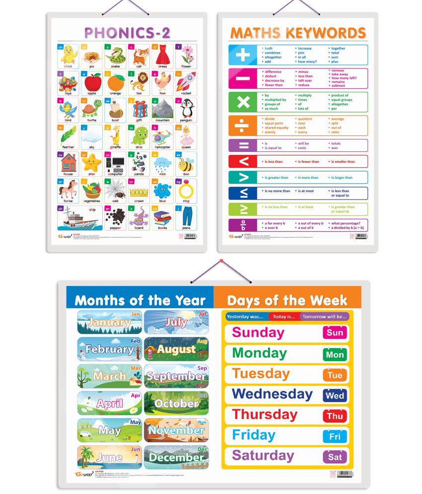    			Set of 3 MATHS KEYWORDS, MONTHS OF THE YEAR AND DAYS OF THE WEEK and PHONICS - 2 Early Learning Educational Charts for Kids | 20"X30" inch |Non-Tearable and Waterproof | Double Sided Laminated | Perfect for Homeschooling, Kindergarten and Nursery Students