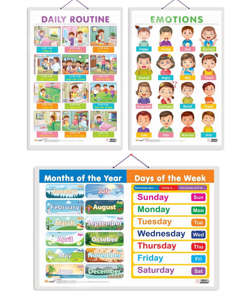     			Set of 3 MONTHS OF THE YEAR AND DAYS OF THE WEEK, EMOTIONS and DAILY ROUTINE Early Learning Educational Charts for Kids | 20"X30" inch |Non-Tearable and Waterproof | Double Sided Laminated | Perfect for Homeschooling, Kindergarten and Nursery Students
