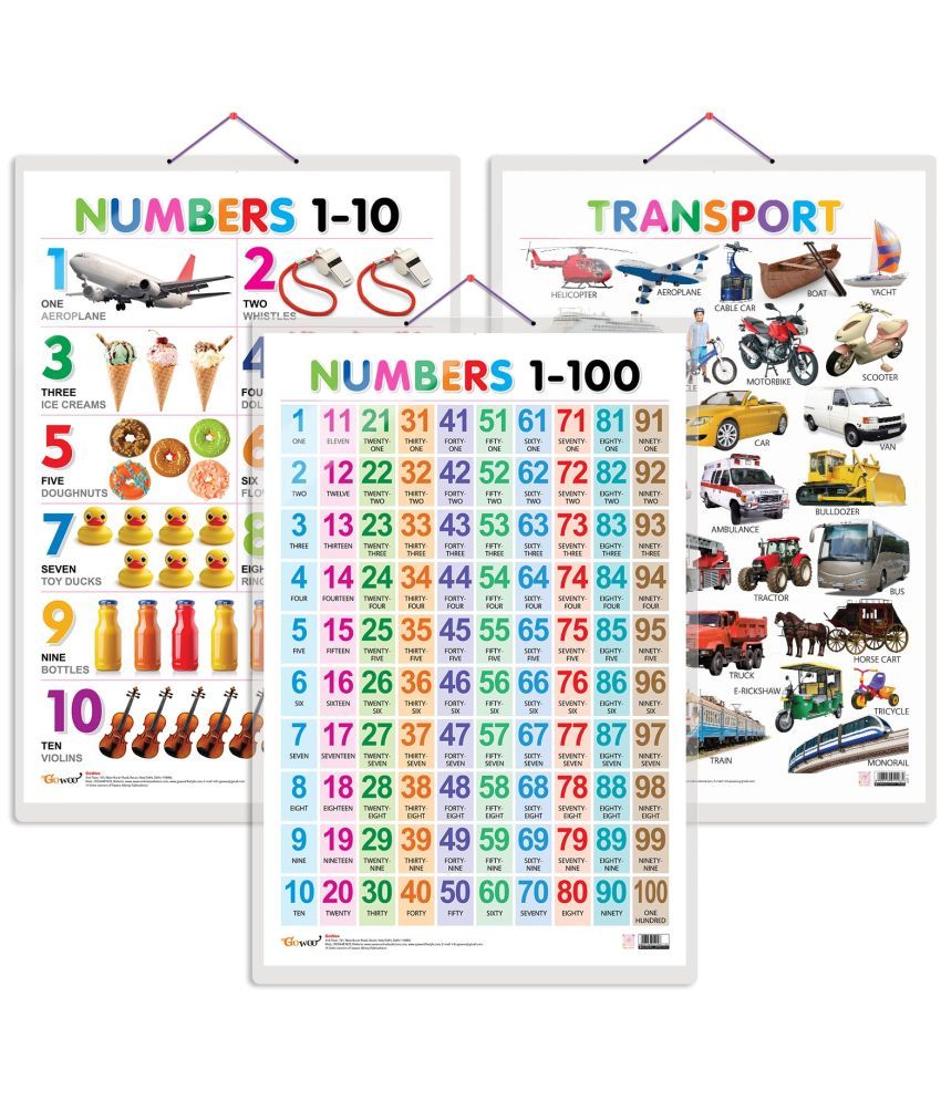     			Set of 3 Transport, Numbers 1-10 and Numbers 1-100 Early Learning Educational Charts for Kids | 20"X30" inch |Non-Tearable and Waterproof | Double Sided Laminated | Perfect for Homeschooling, Kindergarten and Nursery Students