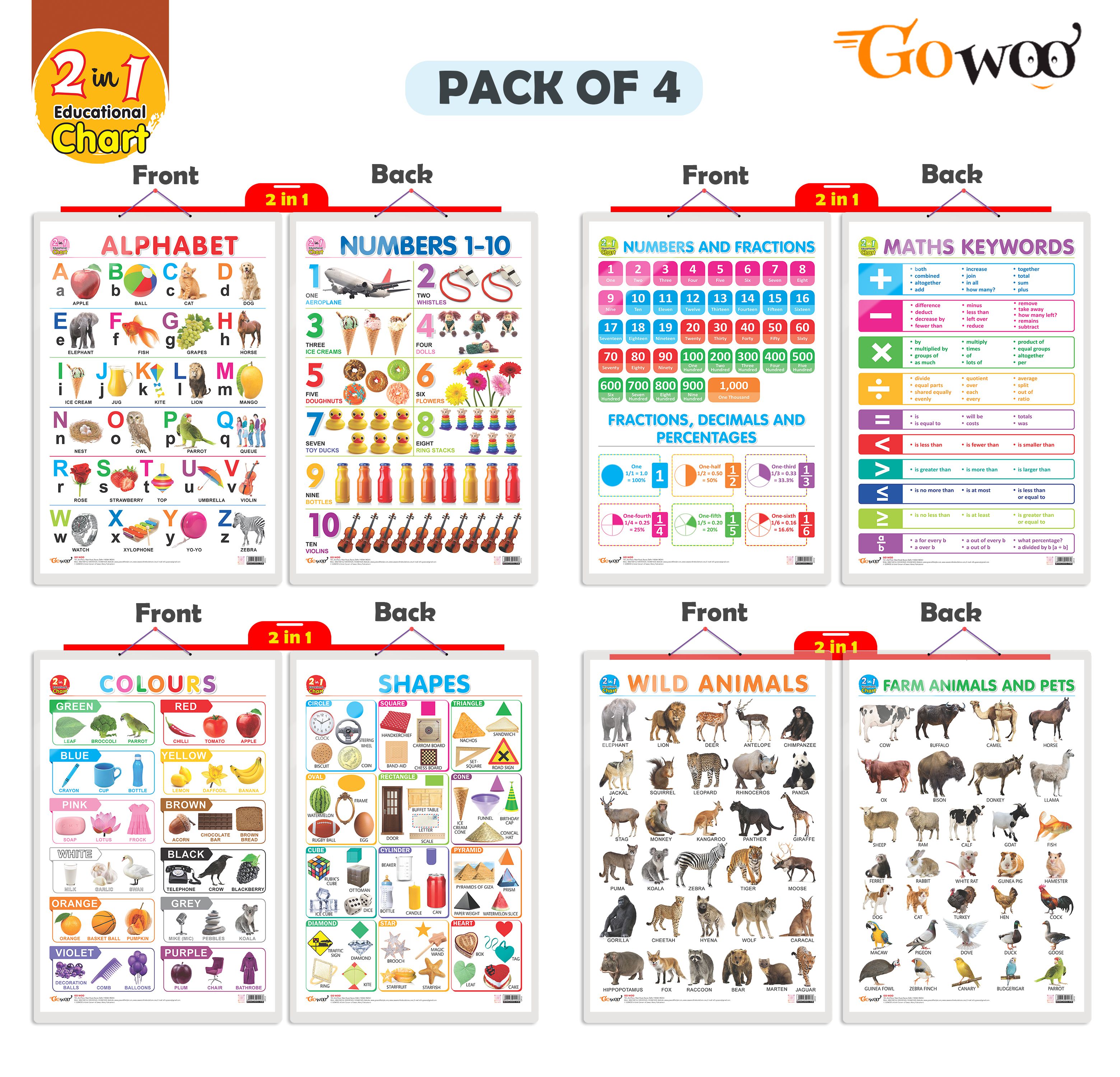     			Set of 4 |  2 IN 1 ALPHABET AND NUMBER 1-10, 2 IN 1 NUMBER & FRACTIONS AND MATHS KEYWORDS, 2 IN 1 COLOURS AND SHAPES and 2 IN 1 WILD AND FARM ANIMALS & PETS Early Learning Educational Charts for Kids