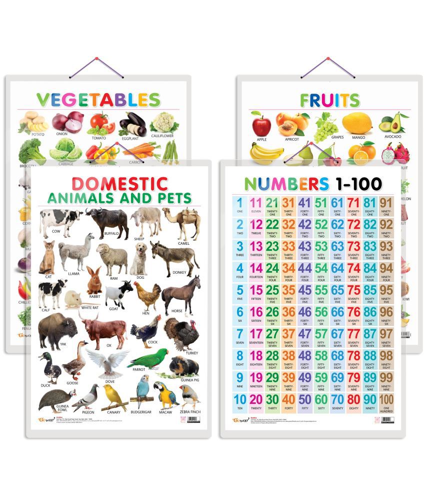     			Set of 4 Fruits, Vegetables, Domestic Animals and Pets and Numbers 1-100 Early Learning Educational Charts for Kids | 20"X30" inch |Non-Tearable and Waterproof | Double Sided Laminated | Perfect for Homeschooling, Kindergarten and Nursery Students