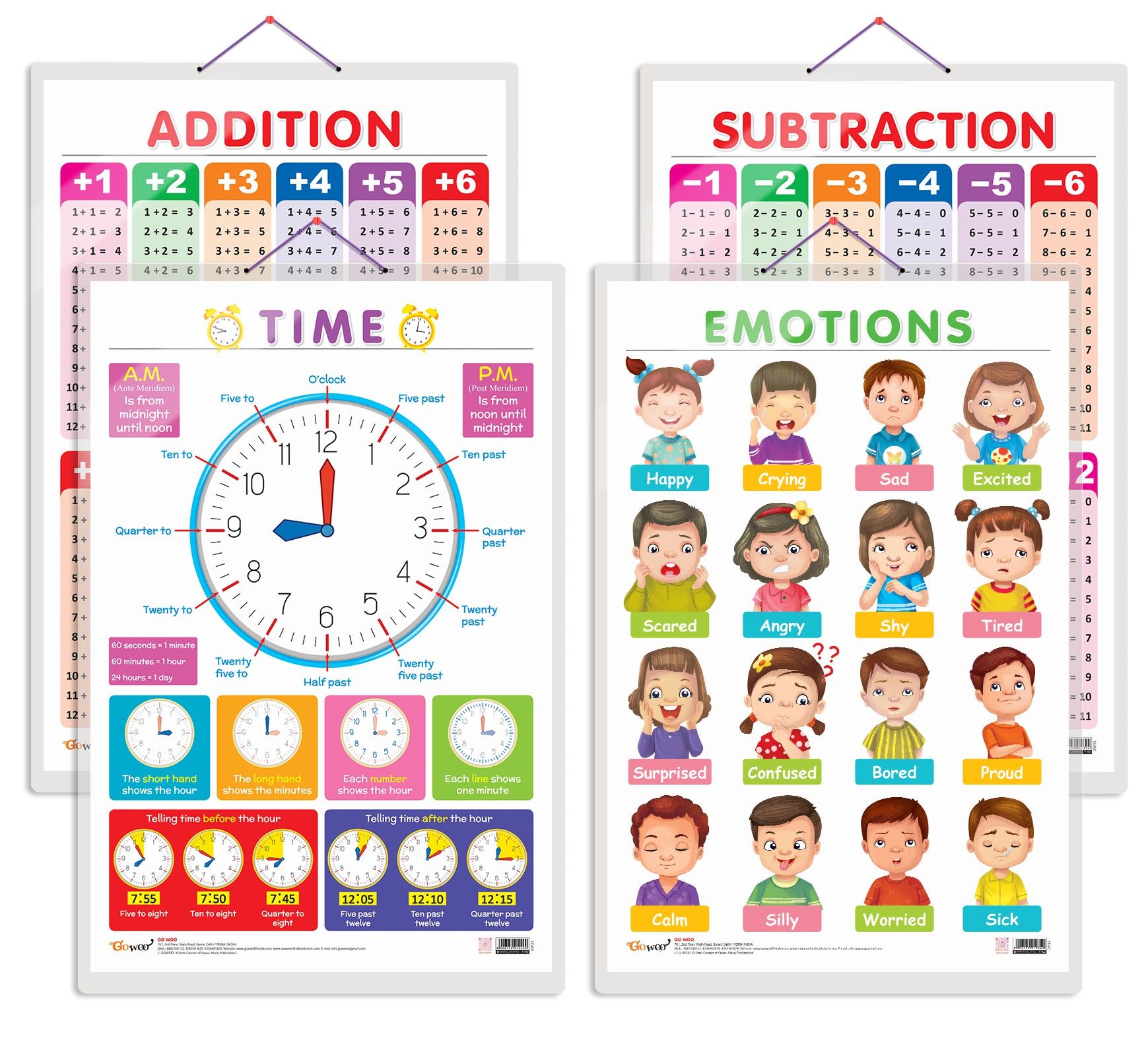     			Set of 4 TIME, SUBTRACTION, ADDITION and DAILY ROUTINE Early Learning Educational Charts for Kids | 20"X30" inch |Non-Tearable and Waterproof | Double Sided Laminated | Perfect for Homeschooling, Kindergarten and Nursery Students