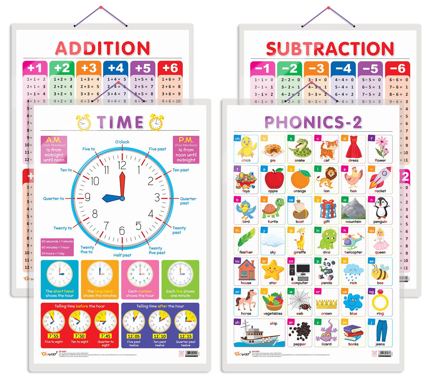     			Set of 4 TIME, SUBTRACTION, ADDITION and PHONICS - 2 Early Learning Educational Charts for Kids | 20"X30" inch |Non-Tearable and Waterproof | Double Sided Laminated | Perfect for Homeschooling, Kindergarten and Nursery Students