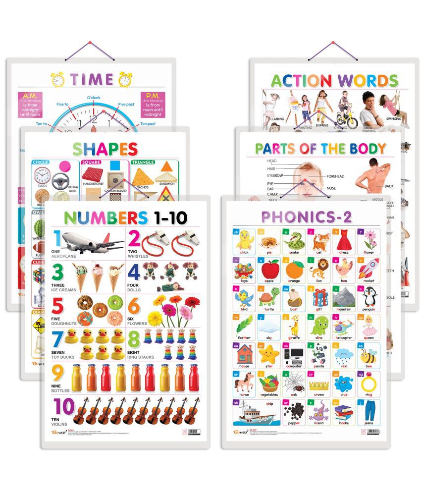     			Set of 6 Shapes, Parts of the Body, Action Words, Numbers 1-10, TIME and PHONICS - 2 Early Learning Educational Charts for Kids