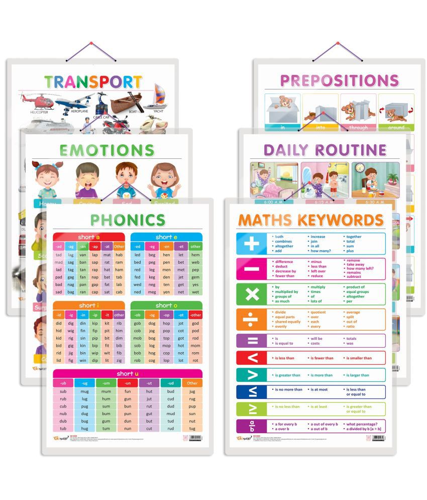     			Set of 6 Transport, MATHS KEYWORDS, EMOTIONS, DAILY ROUTINE, PREPOSITIONS and PHONICS - 1 Early Learning Educational Charts for Kids