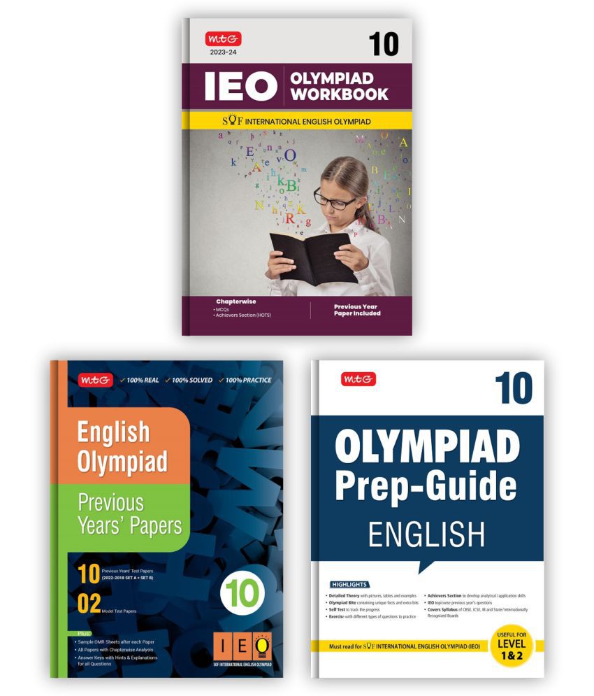     			MTG International English Olympiad (IEO) Workbook, Prep-Guide & Previous Years Papers with Self Test Paper Class 10 - SOF Olympiad Books For 2023-24 Exam (Set of 3 Books)