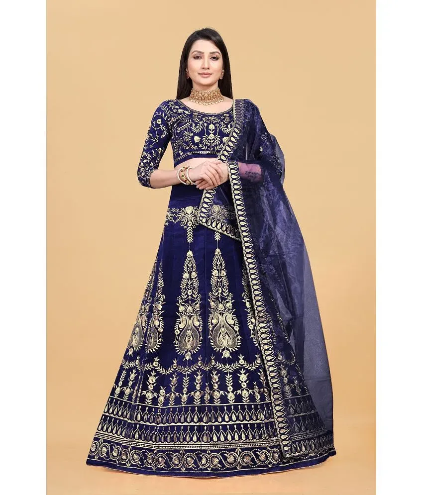 Buy Odette Blue Designer Embroidered Semi Stitched Lehenga With Unstitched  Blouse (Set of 3) online