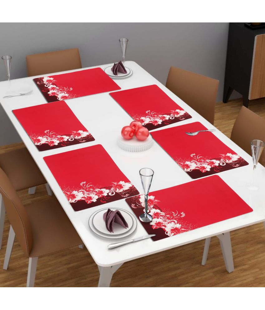     			HOMETALES PVC Floral Rectangle Table Mats (45 cm x 30 cm) Pack of 6 - Red
