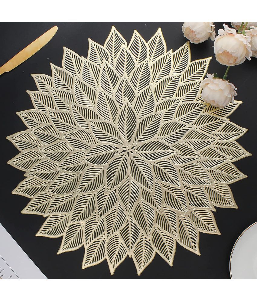     			HOMETALES PVC Floral Round Table Mats (38 cm x 38 cm) Pack of 2 - Gold