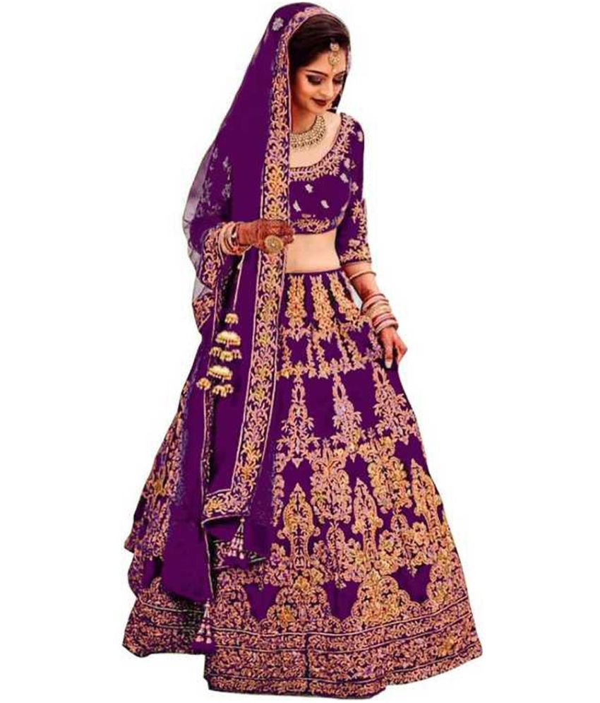     			JULEE Purple Velvet Chaniya Choli Semi Stitched Lehenga