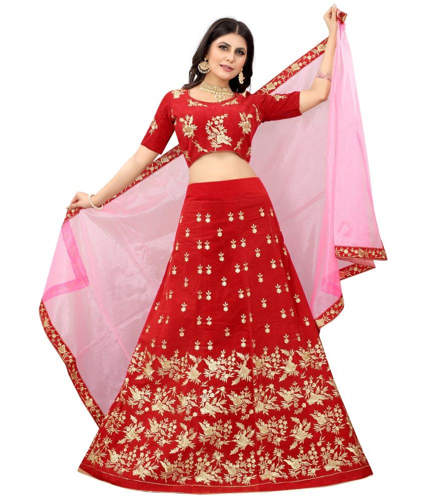     			JULEE Red Velvet Chaniya Choli Semi Stitched Lehenga