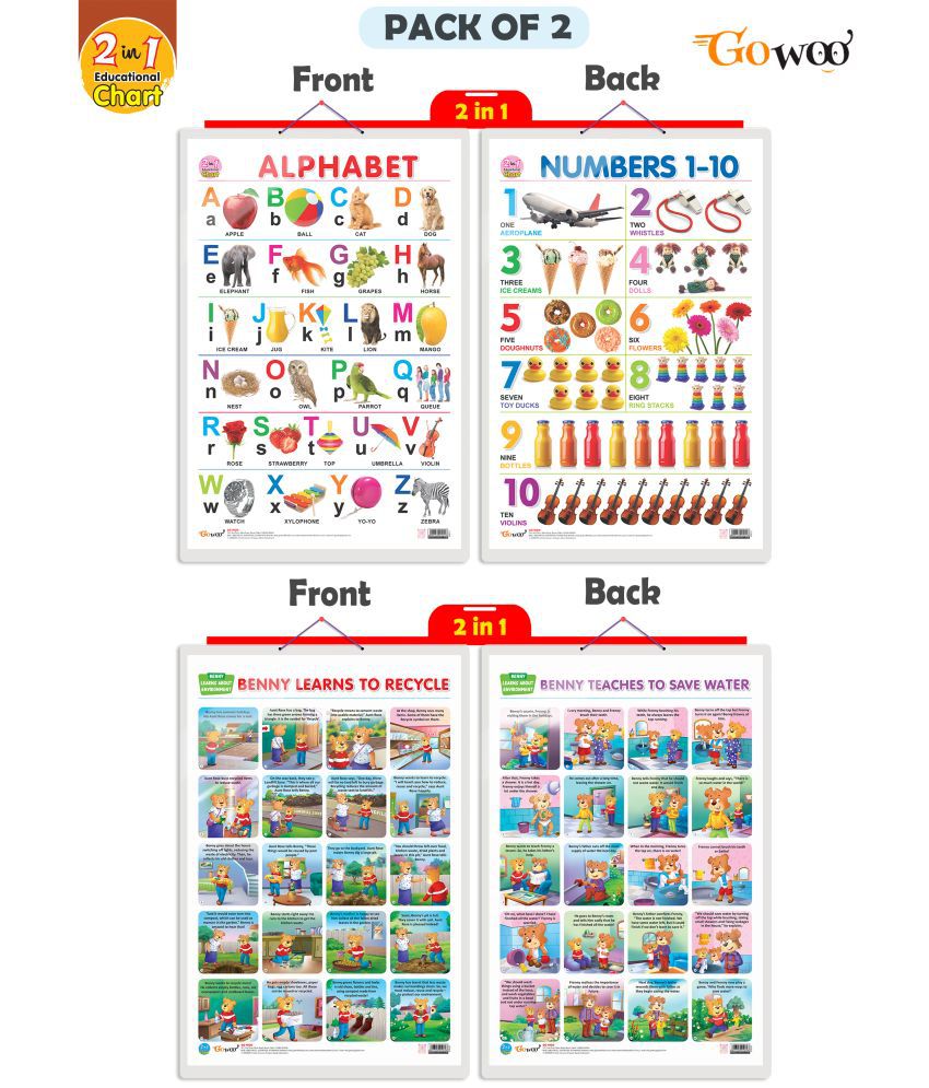     			Set of 2 | 2 IN 1 ALPHABET AND NUMBER 1-10 and 2 IN 1 BENNY LEARNS TO RECYCLE AND BENNY TEACHES TO SAVE WATER Early Learning Educational Charts for Kids