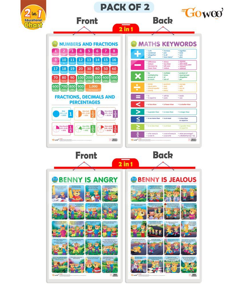     			Set of 2 | 2 IN 1 NUMBER & FRACTIONS AND MATHS KEYWORDS and 2 IN 1 BENNY IS ANGRY AND BENNY IS JEALOUS Early Learning Educational Charts for Kids