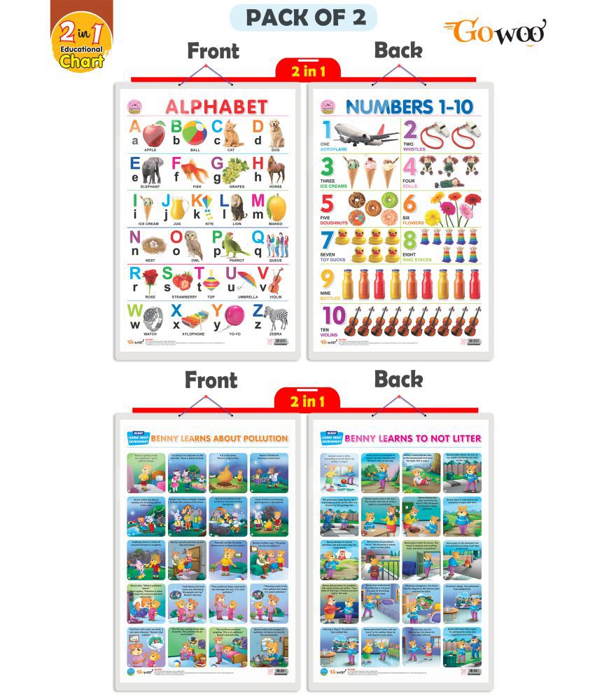     			Set of 2 | 2 IN 1 ALPHABET AND NUMBER 1-10 and 2 IN 1 BENNY LEARNS ABOUT POLLUTION AND BENNY LEARNS NOT TO LITTER Early Learning Educational Charts for Kids