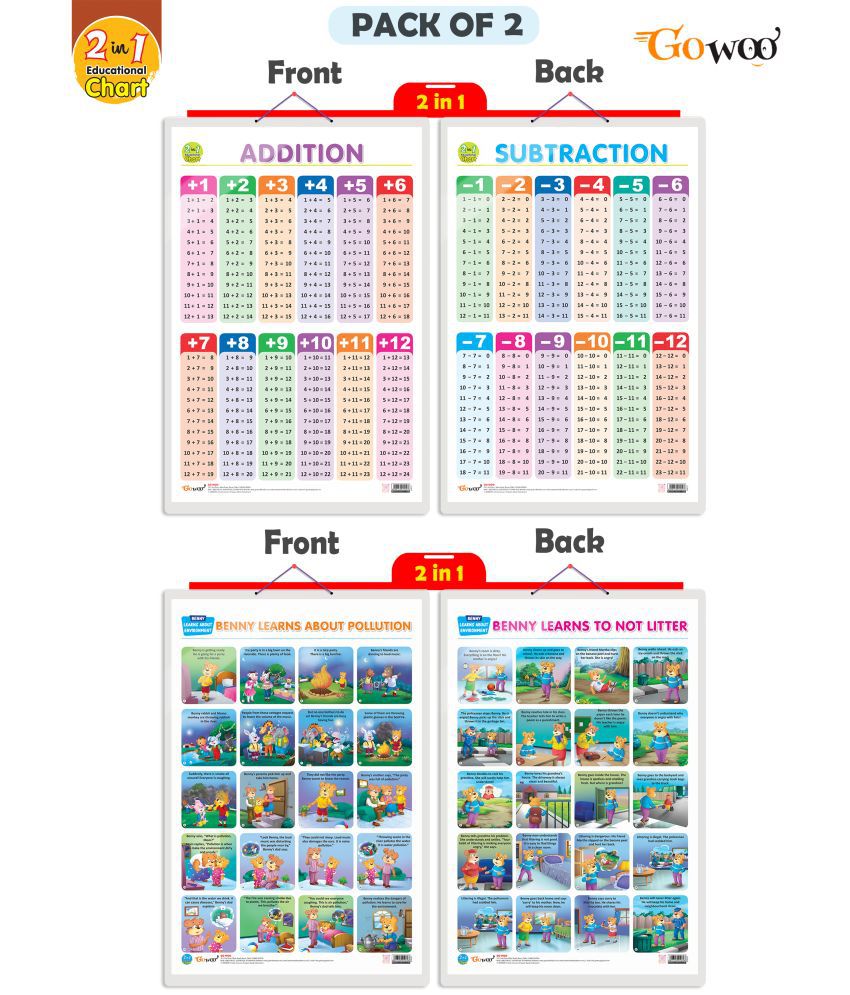     			Set of 2 | 2 IN 1 ADDITION AND SUBTRACTION and 2 IN 1 BENNY LEARNS ABOUT POLLUTION AND BENNY LEARNS NOT TO LITTER Early Learning Educational Charts for Kids |