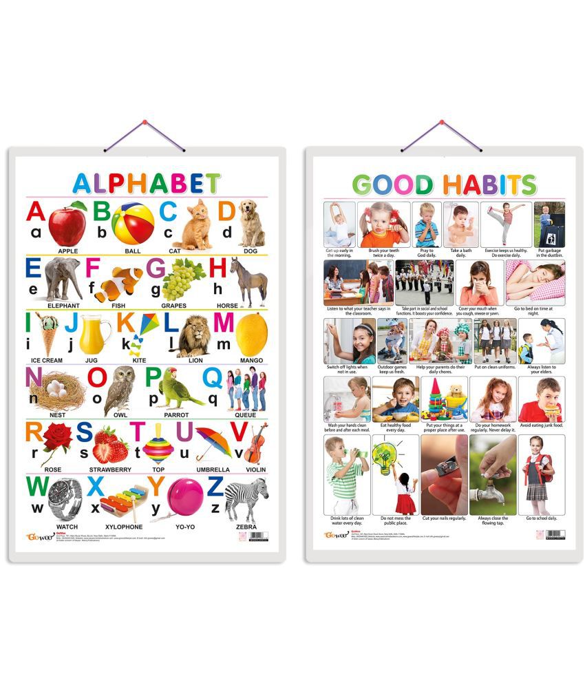     			Set of 2 Alphabet and Good Habits Early Learning Educational Charts for Kids | 20"X30" inch |Non-Tearable and Waterproof | Double Sided Laminated | Perfect for Homeschooling, Kindergarten and Nursery Students
