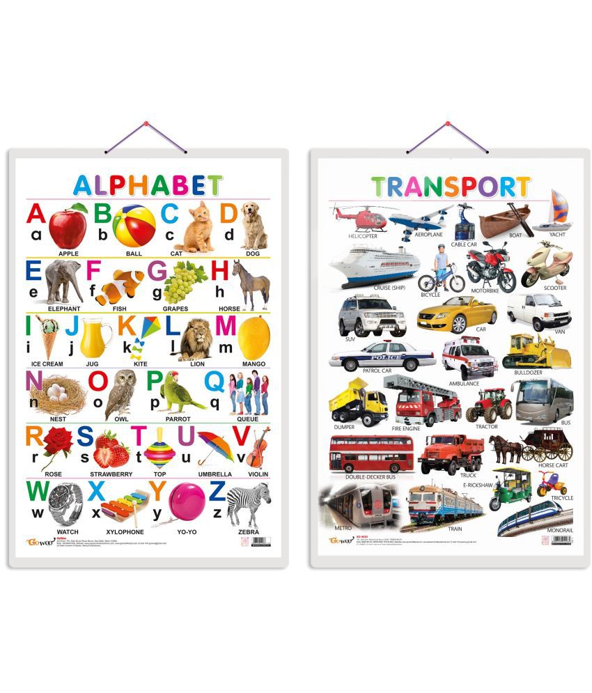     			Set of 2 Alphabet and Transport Early Learning Educational Charts for Kids | 20"X30" inch |Non-Tearable and Waterproof | Double Sided Laminated | Perfect for Homeschooling, Kindergarten and Nursery Students