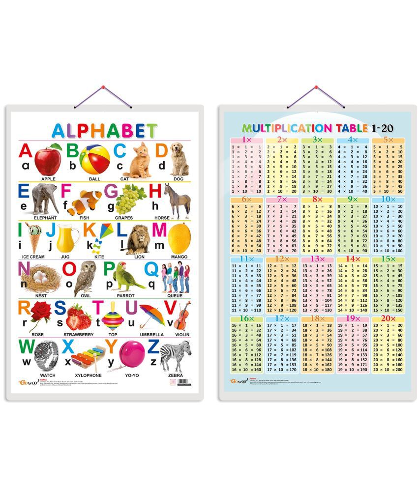     			Set of 2 Alphabet and Multiplication Table 1-20 Early Learning Educational Charts for Kids | 20"X30" inch |Non-Tearable and Waterproof | Double Sided Laminated | Perfect for Homeschooling, Kindergarten and Nursery Students