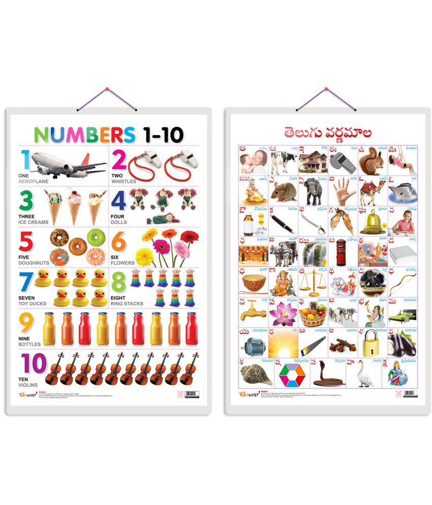     			Set of 2 Numbers 1-10 and Telugu Alphabet (Telugu) Early Learning Educational Charts for Kids | 20"X30" inch |Non-Tearable and Waterproof | Double Sided Laminated | Perfect for Homeschooling, Kindergarten and Nursery Students