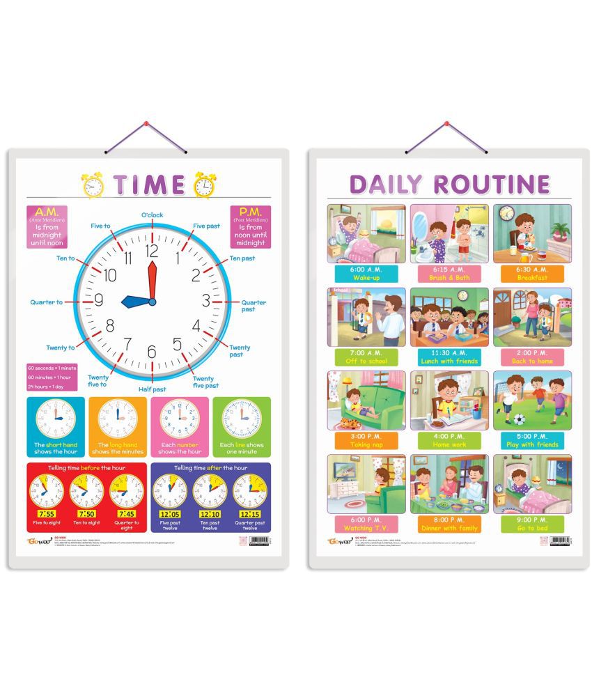     			Set of 2 TIME and DAILY ROUTINE Early Learning Educational Charts for Kids | 20"X30" inch |Non-Tearable and Waterproof | Double Sided Laminated | Perfect for Homeschooling, Kindergarten and Nursery Students