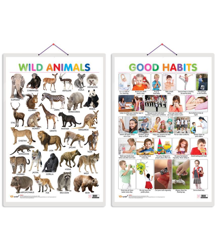     			Set of 2 Wild Animals and Good Habits Early Learning Educational Charts for Kids | 20"X30" inch |Non-Tearable and Waterproof | Double Sided Laminated | Perfect for Homeschooling, Kindergarten and Nursery Students