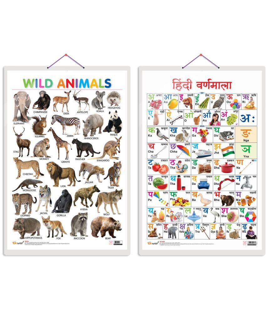     			Set of 2 Wild Animals and Hindi Varnamala Early Learning Educational Charts for Kids | 20"X30" inch |Non-Tearable and Waterproof | Double Sided Laminated | Perfect for Homeschooling, Kindergarten and Nursery Students