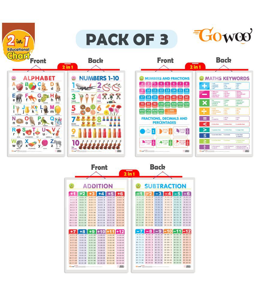     			Set of 3 | 2 IN 1 ALPHABET AND NUMBER 1-10, 2 IN 1 NUMBER & FRACTIONS AND MATHS KEYWORDS  and 2 IN 1 ADDITION AND SUBTRACTION Early Learning Educational Charts for Kids